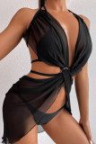 Black Fashion Sexy Solid Bandage Backless Swimwears Three-piece Set (With Paddings)