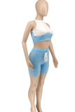 Baby Blue Street Solid Bandage Split Joint O Neck Sleeveless Two Pieces