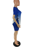 Blue Casual Print Slit O Neck Short Sleeve Two Pieces