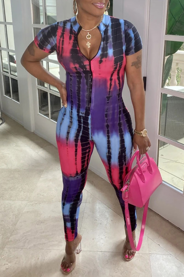 Purple Casual Print Patchwork Zipper Collar Regular Jumpsuits