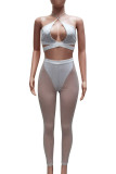 White Sexy Solid Patchwork See-through Backless Halter Sleeveless Two Pieces