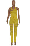 Yellow Street Print Ripped Hollowed Out O Neck Jumpsuits