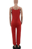 Red Casual Street Print Patchwork Spaghetti Strap Straight Jumpsuits