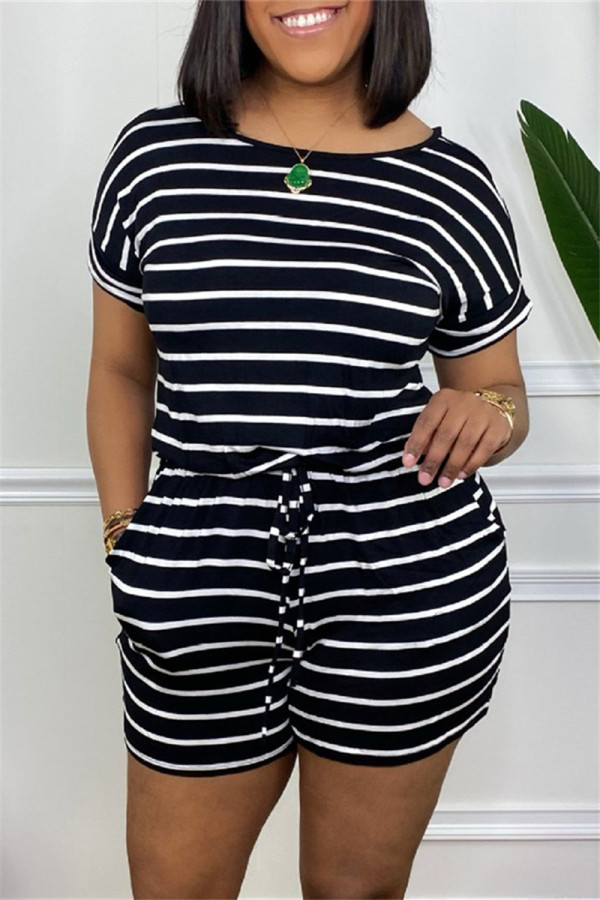 Black Fashion Casual Striped Print Basic O Neck Regular Rompers
