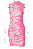 Rose Red Sexy Print Patchwork Half A Turtleneck Pencil Skirt Dresses