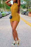 Yellow Sexy Solid Bandage Hollowed Out Split Joint Half A Turtleneck Pencil Skirt Dresses