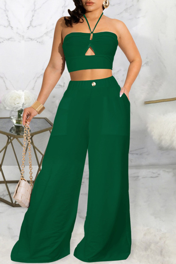 Green Fashion Casual Print Solid Hollowed Out Backless Strapless Sleeveless Two Pieces