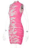 Rose Red Sexy Print Patchwork Half A Turtleneck Pencil Skirt Dresses