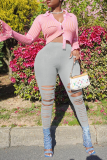 Grey Sexy Solid Ripped Skinny High Waist Pencil Solid Color Bottoms
