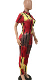 Yellow Casual Print Patchwork Zipper Collar Regular Jumpsuits
