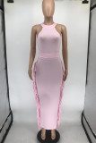 Pink Casual Solid Tassel Patchwork O Neck Sleeveless Two Pieces