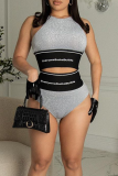 Silver Sexy Print Letter U Neck Sleeveless Two Pieces