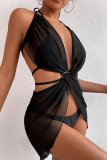 Black Fashion Sexy Solid Bandage Backless Swimwears Three-piece Set (With Paddings)