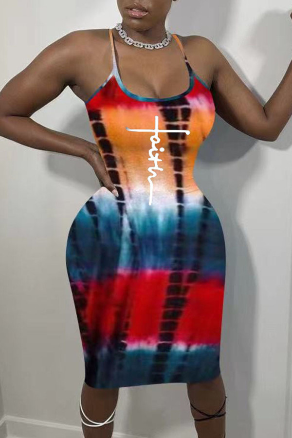 Red Casual Print Patchwork Spaghetti Strap Sling Dress Dresses