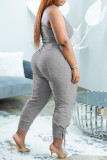 Grey Casual Solid Split Joint Spaghetti Strap Plus Size Two Pieces