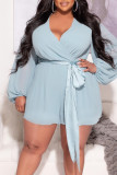 White Casual Solid Patchwork V Neck Plus Size Jumpsuits(The Belt Is A Different Color)