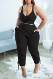 Black Casual Solid Split Joint Spaghetti Strap Plus Size Two Pieces
