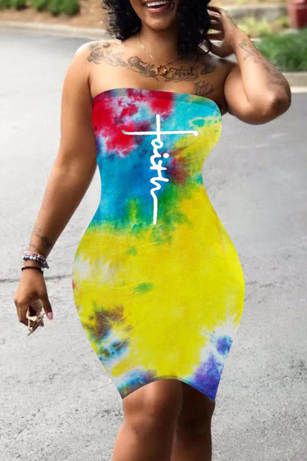 Yellow Fashion Casual Print Tie-dye Backless Strapless Sleeveless Dress Dresses