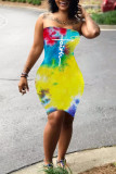 Red Fashion Casual Print Tie-dye Backless Strapless Sleeveless Dress Dresses