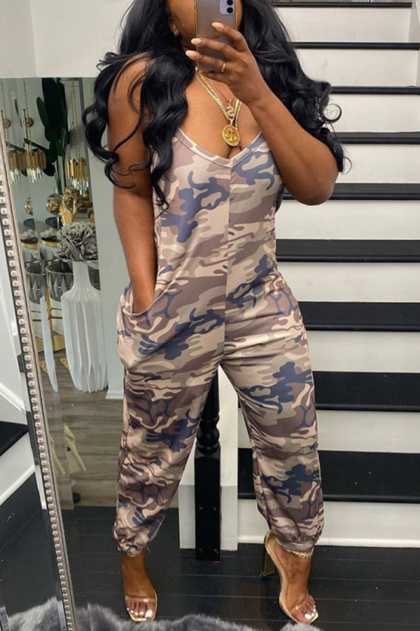 Camouflage Sexy Camouflage Print Patchwork Spaghetti Strap Harlan Jumpsuits