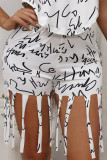 White Casual Street Print Tassel Patchwork Asymmetrical O Neck Short Sleeve Two Pieces