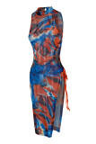 Orange Blue Sexy Print Patchwork Frenulum Slit O Neck Straight Dresses