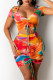 Orange Fashion Casual Print Tie Dye Draw String Frenulum V Neck Short Sleeve Two Pieces