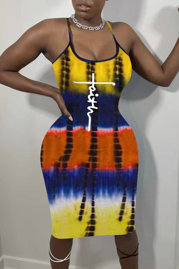 Yellow Casual Print Patchwork Spaghetti Strap Sling Dress Dresses
