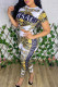 White Fashion Street Print Patchwork Letter O Neck Short Sleeve Two Pieces