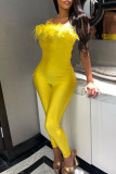 Yellow Sexy Solid Patchwork Feathers Strapless Regular Jumpsuits