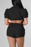 Black Casual Solid Split Joint Buckle Fold Turndown Collar Short Sleeve Two Pieces