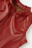 Red Casual Solid Split Joint V Neck A Line Dresses