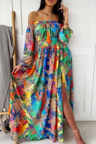 Colour Casual Elegant Print Split Joint Off the Shoulder Straight Dresses