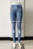 Blue Fashion Casual Sportswear Print Split Joint Skinny High Waist Pencil Trousers