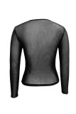 Black Sexy Solid Patchwork See-through Hot Drill O Neck Tops