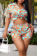 Tangerine Casual Print Patchwork Buckle Turndown Collar Short Sleeve Two Pieces