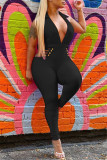 Rose Red Fashion Sexy Casual Solid Hollowed Out Backless Halter Skinny Jumpsuits