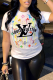 White Fashion Street Print Patchwork Letter O Neck T-Shirts