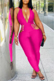 Rose Red Fashion Sexy Casual Solid Hollowed Out Backless Halter Skinny Jumpsuits