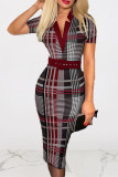 Dark Red Sexy Print Patchwork With Belt V Neck One Step Skirt Dresses