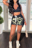 Black Fashion Casual Print Patchwork V Neck Sleeveless Two Pieces