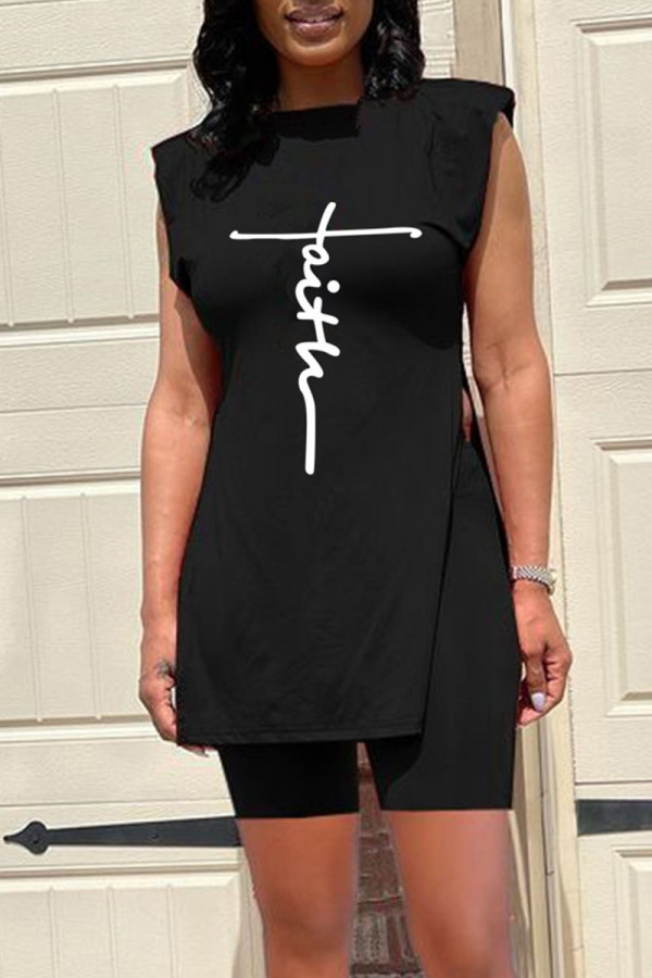 Black Casual Print Patchwork Slit O Neck Sleeveless Two Pieces
