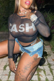 Black Sexy Solid Patchwork See-through Hot Drill O Neck Tops