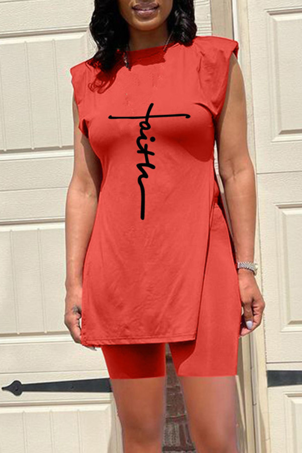Tangerine Red Casual Print Patchwork Slit O Neck Sleeveless Two Pieces