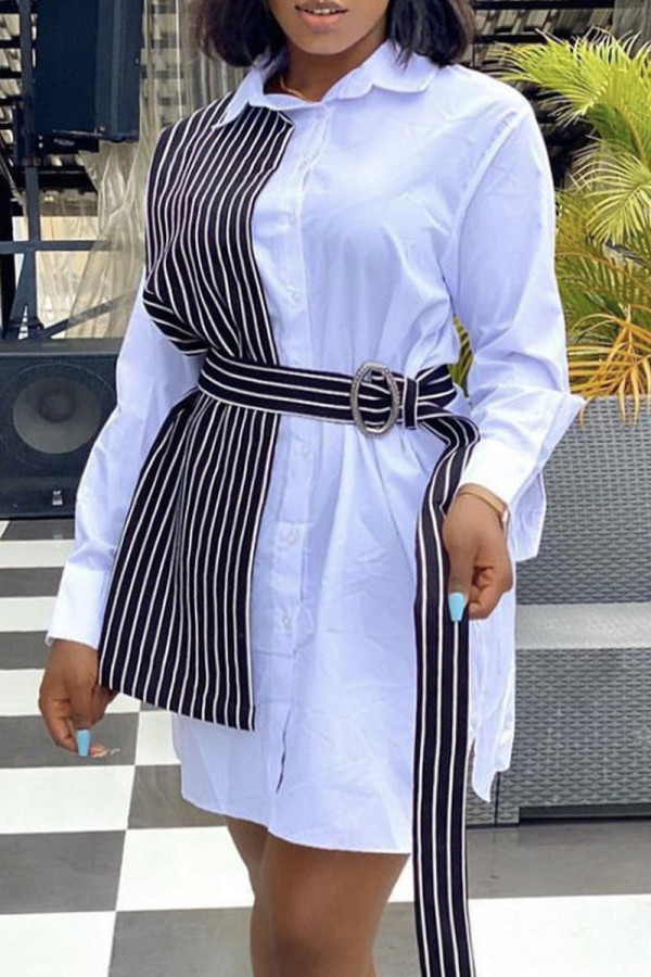 White Fashion Casual Striped Patchwork With Belt Turndown Collar Shirt Dress
