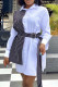 White Fashion Casual Striped Patchwork With Belt Turndown Collar Shirt Dress