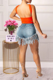 Light Blue Fashion Casual Solid Tassel Ripped High Waist Straight Jeans