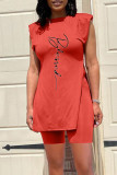 Tangerine Red Casual Print Patchwork O Neck Sleeveless Two Pieces