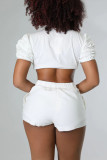 White Casual Solid Split Joint Buckle Fold Turndown Collar Short Sleeve Two Pieces