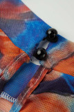 Orange Blue Sexy Print Patchwork Frenulum Slit O Neck Straight Dresses